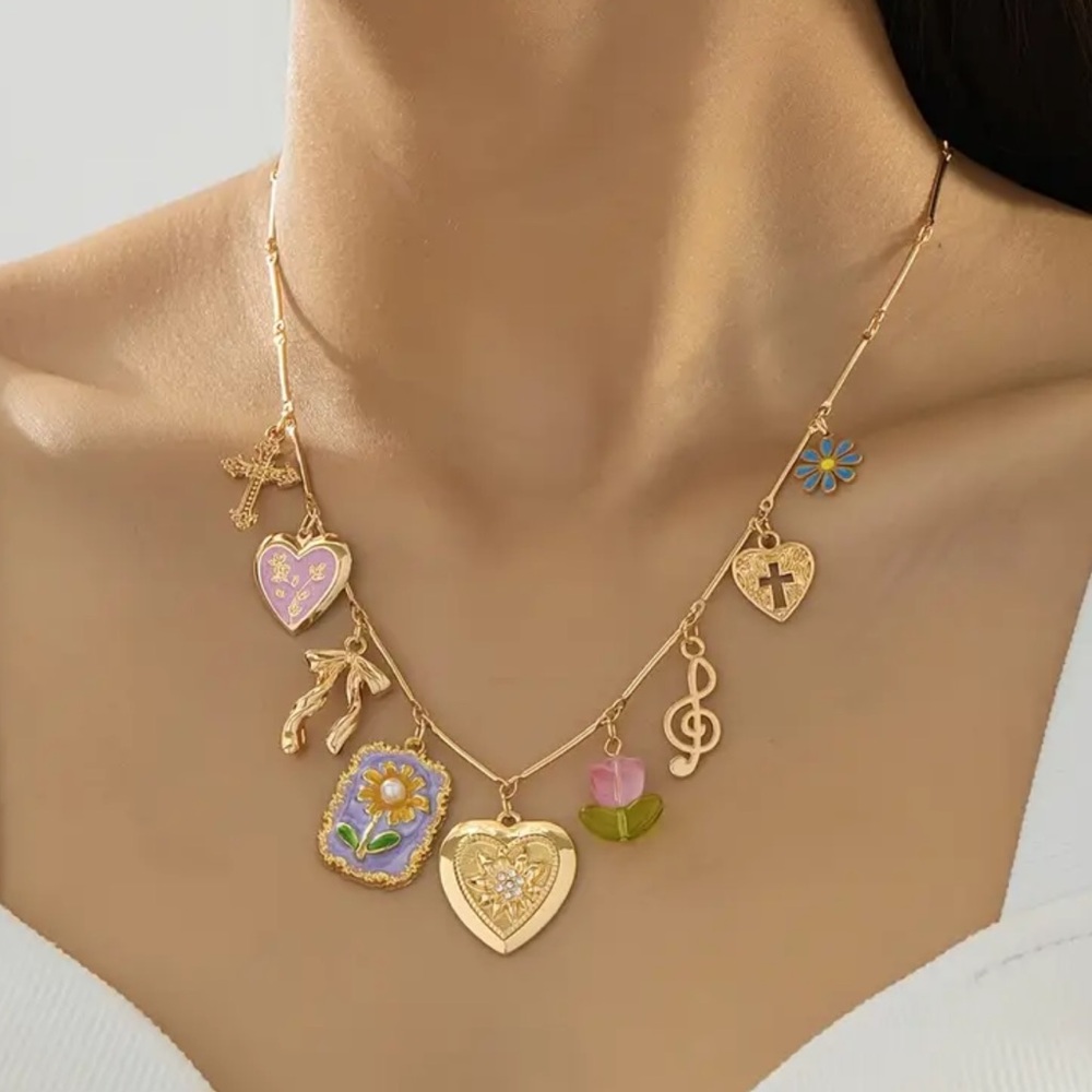 NEW Gold Charm Necklace with Heart and Floral Accents